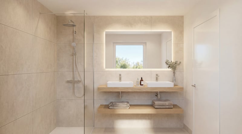 Baño moderno con ducha de vidrio en Jardín de Vega