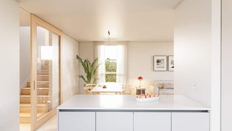 Salón comedor abierto con grandes ventanales en promoción Jardín de Vega